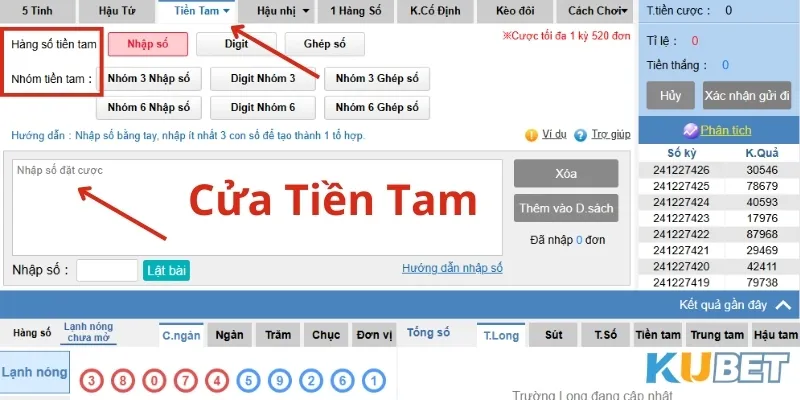 Cửa Tiền tam trong Lotobet Online Kubet với các cách cược